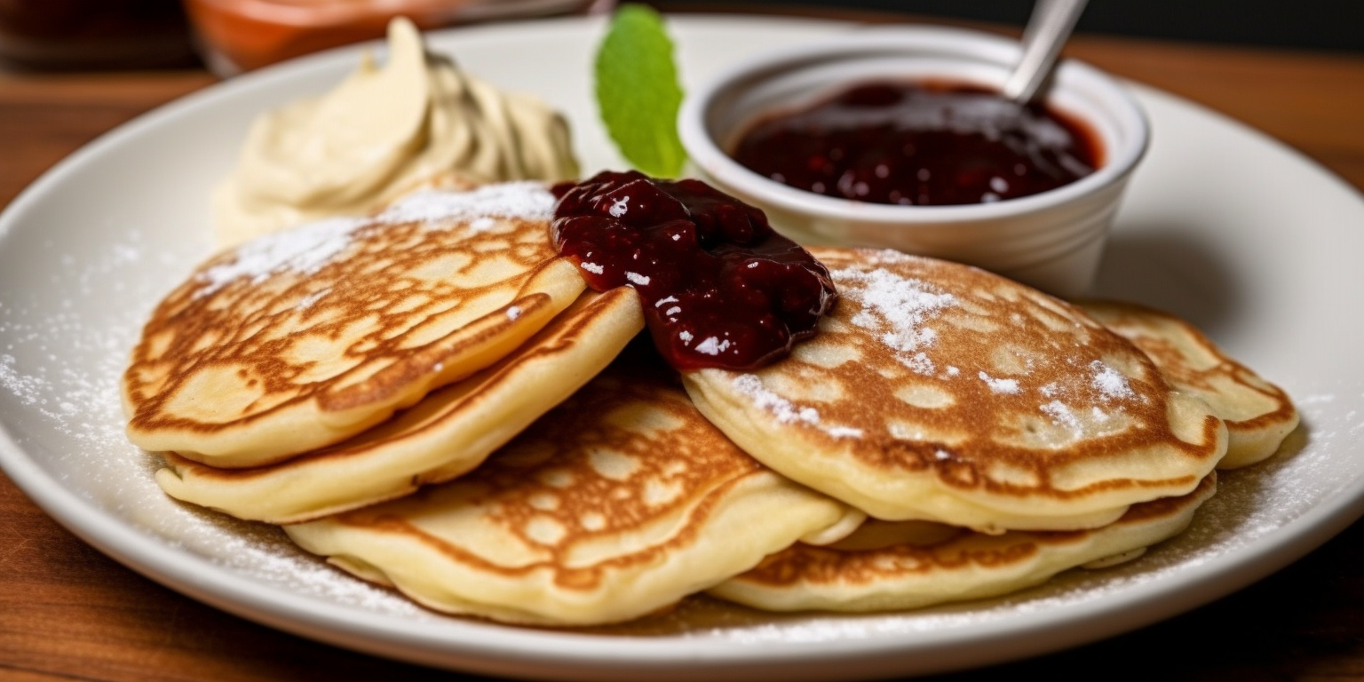 Des crêpes posées sur une assiète blanche, avec de la confiture dessus